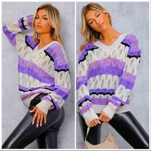 NWT! COLOR BLOCK CABLE KNIT RIPPED DROP SHOULDER SWEATER IN LILAC/PURPLE/CREAM!